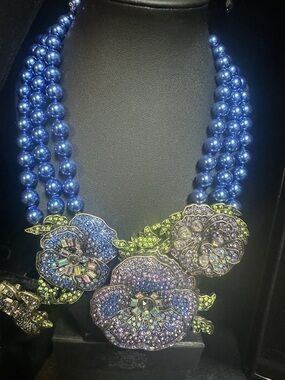 Heidi Daus Blue Crystal Floral Statement Necklace & earrings set